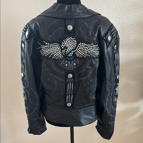 RARE VINTAGE BAJA Trading Company Studded Eagle Rhinestone 100% Leather Jacket - Picture 2 of 16